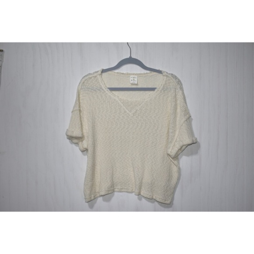 By Together Knit Top V-Neck Short‎ Sleeve Textured Pullover Cream Size S